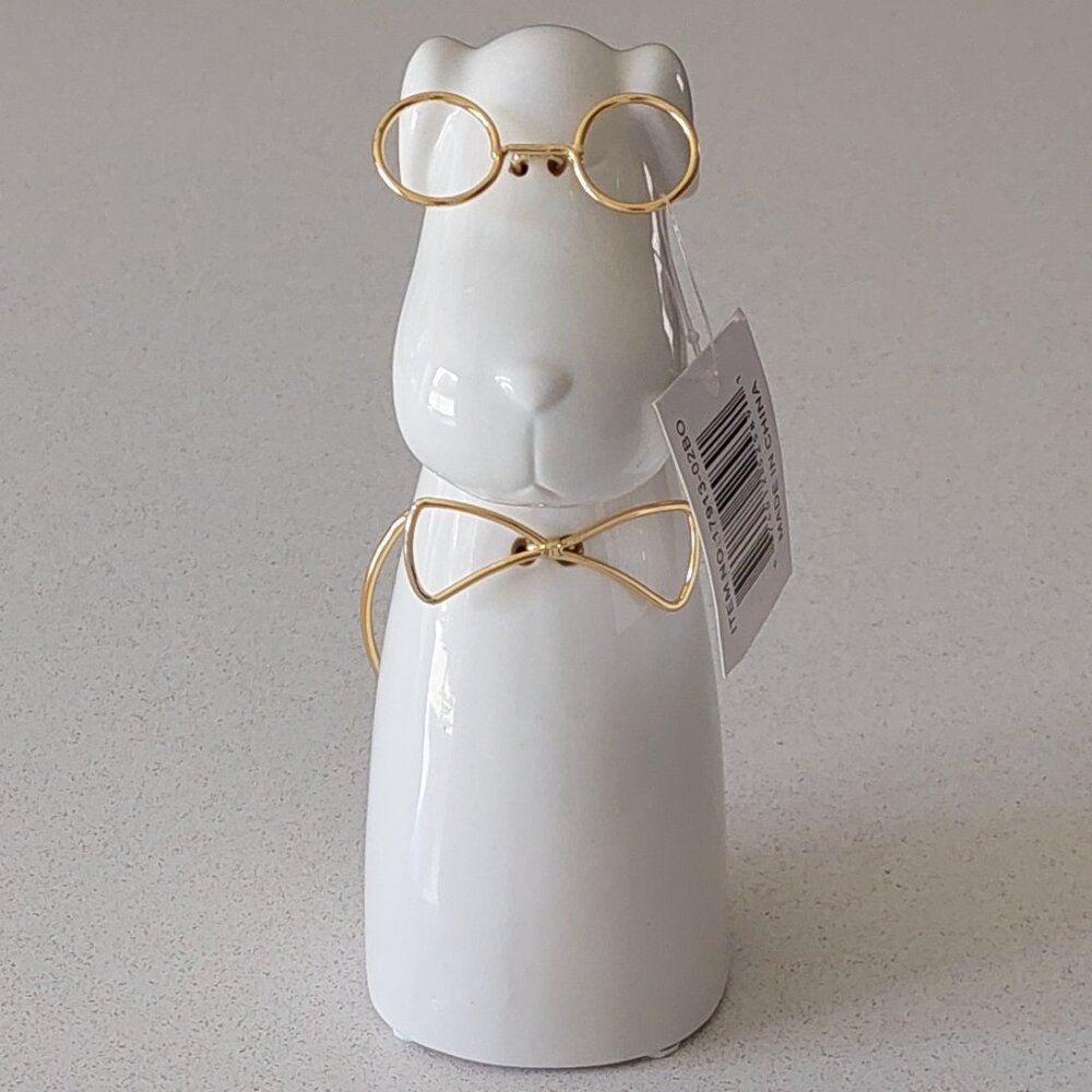 NWT Patrycja 7" White Ceramic Puppy with Gold Glasses, Bow Tie & Tail Figurine